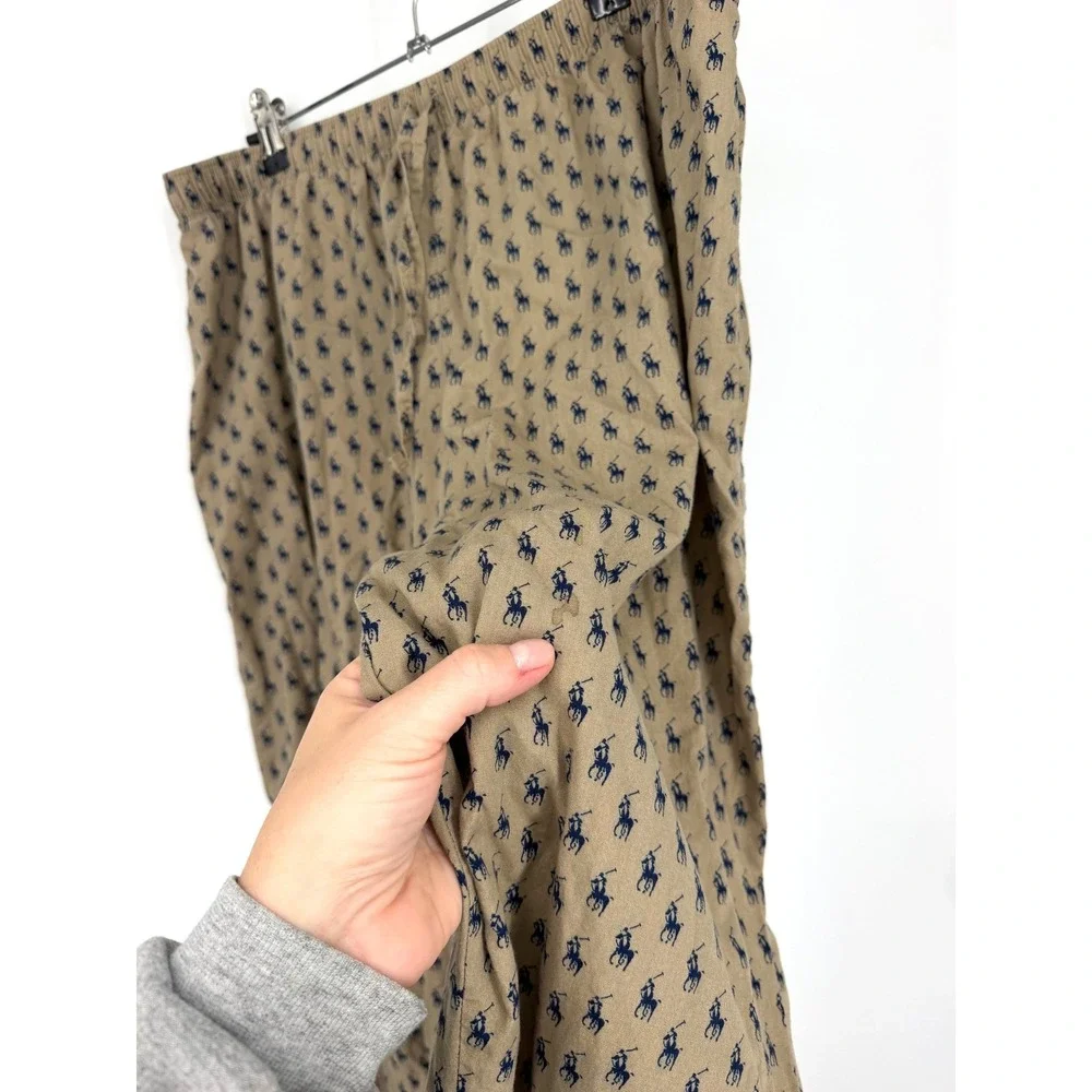 Polo Ralph Lauren Mens Pajama Pants Tan Navy Blue Pony All Over Print Cotton L